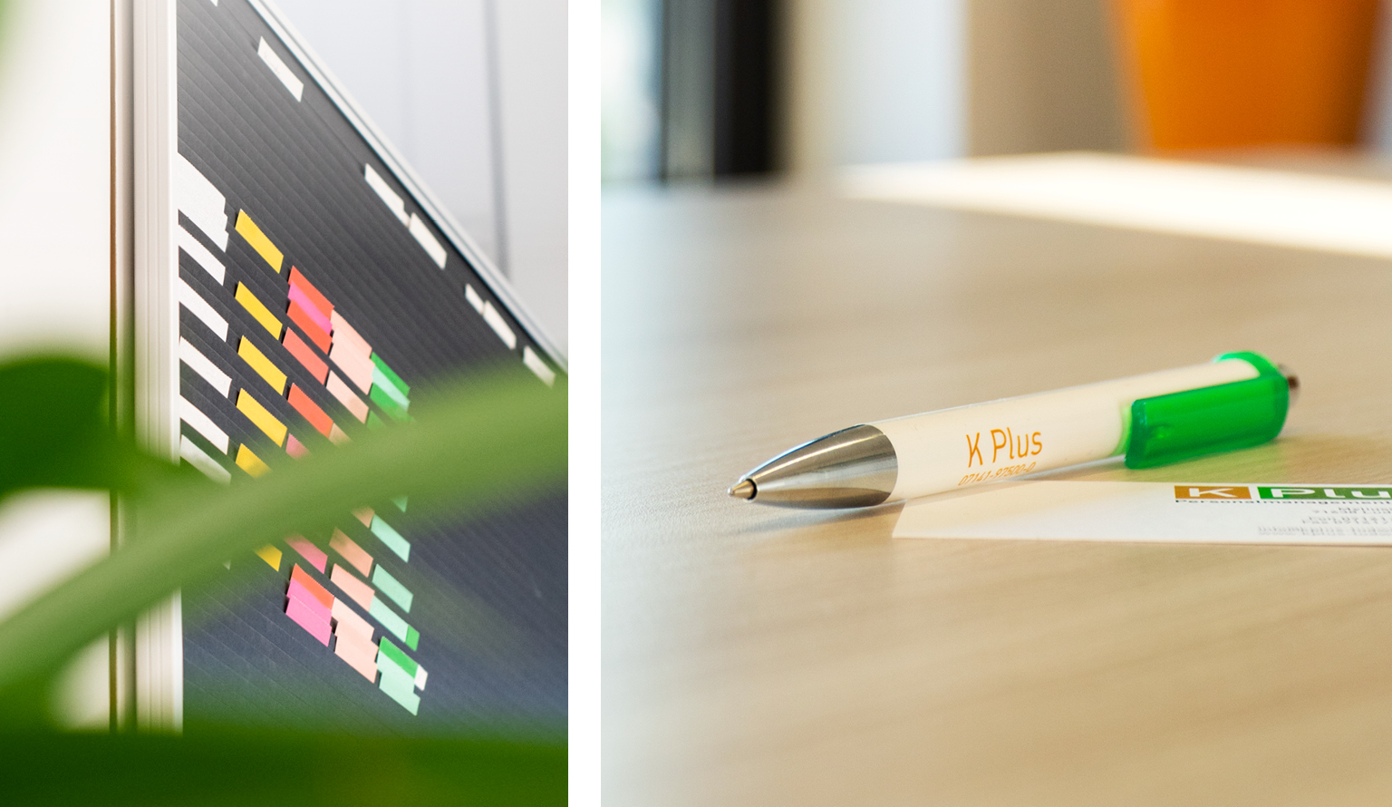 Jobplanung an Pinnwand, Kugelschreiber und Visitenkarte von K-Plus Personalmanagement